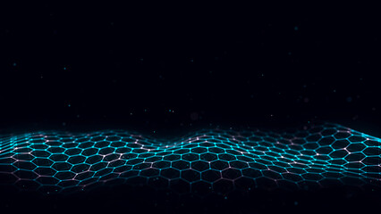 Wall Mural - Abstract hexagon wave with blue light on black background. Science background with moving dots ang lines. Network connection technology. Digital structure with particles. 3d rendering.
