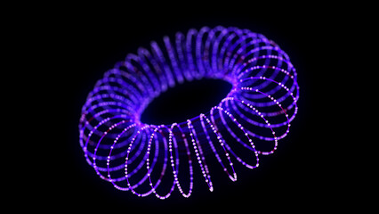 Abstract blue torus on black background. Wireframe circle structure with glowing particles and lines. Futuristic digital illustration. 3D rendering.