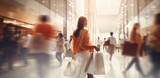 Fototapeta Perspektywa 3d - Blurred background of a modern shopping mall with some shoppers. Shoppers walking at shopping center, motion blur. Abstract motion blurred shoppers with shopping bags, ai
