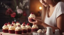Women's hands of a confectioner, decorating cupcakes with raspberries. Pastry chef decorates the muffins with fresh berries. Close-up, space for text, digital ai