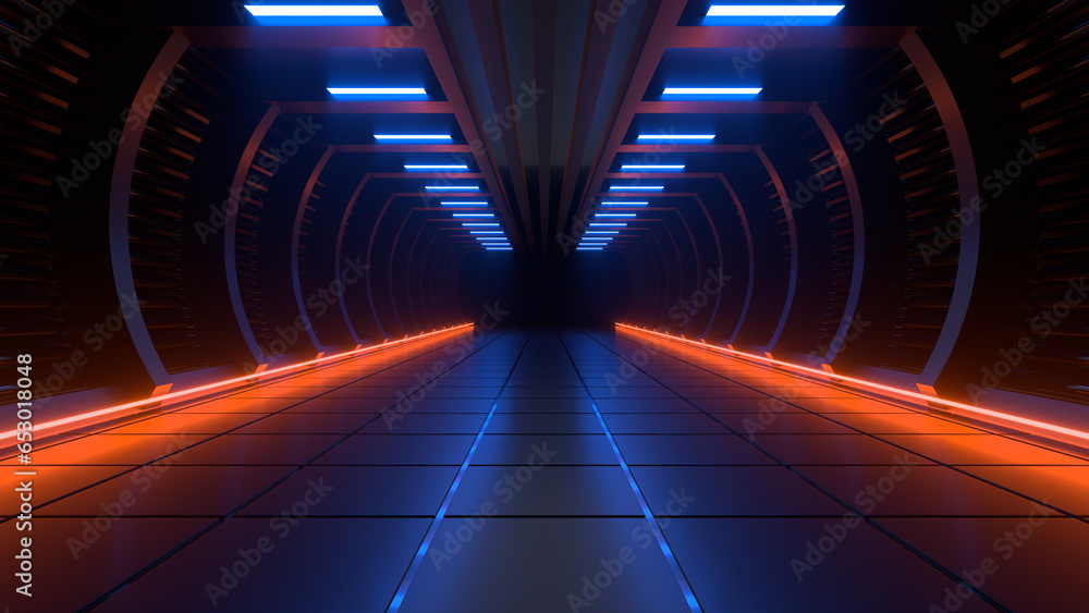 Sci Fi neon glowing lines in a dark tunnel. Reflections on the floor ...