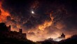 a medieval castle burning under a night sky over a hill brom art wide angle unreal engine photorealistic dramatic light complex 1920 x 1080 resolution 