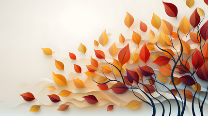 Autumn seasonal background with border made of falling autumn golden, red, orange and green colored leaves with overlay effect on white background 
