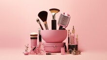 Beauty Set Collection Make Up Equipment Isolated Pink Background. AI Generated