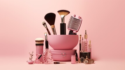 Beauty set collection make up equipment isolated pink background. AI generated