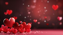 Collection Of Red Heart Flying Balloons Isolated On Pink Background. AI Generated