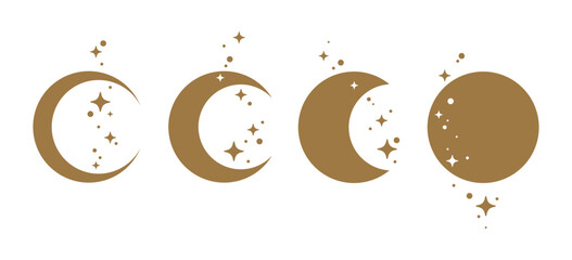 a set of gold moon and sparkling starlight illustrations of various shapes. the moon has the shape o