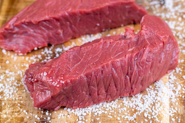 Wall Mural - sliced piece of fresh raw beef during salting