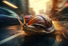 A Snail Running At High Speed With Motion Blur. Background With Selective Focus And Copy Space