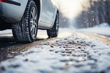 Canvas Print - Car wheel in winter on a snowy road. Background with selective focus and copy space