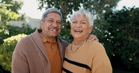 Sticker - Smile, love and face of senior couple in garden hugging for bonding, romance or date in nature. Happy, portrait and elderly woman and man in retirement from Mexico standing in outdoor garden together