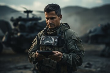 Military drone operator. Background with selective focus and copy space