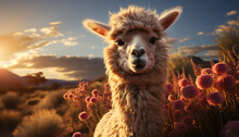Cute Alpaca Smiling, Looking At Camera, In Beautiful Rural Landscape Generated By AI