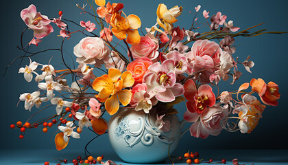 Wall Mural - Vase holds bouquet, blossoms in pink nature elegance indoors generated by AI