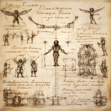 Page Composition Inspired By Leonardo Da Vinci's Vitruvian Man, Background Sketches And Scientific Illustrations, Pen And Ink On Parchment Paper