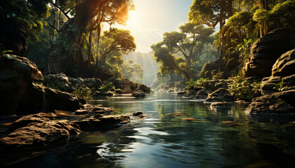 Wall Mural - Tranquil scene of a tropical rainforest, reflecting in a pond generated by AI