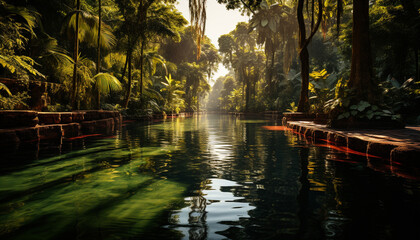 Wall Mural - Tranquil scene: nature beauty reflected in a peaceful forest pond generated by AI