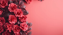 Pink Background With Red Roses In The Top Right Corner