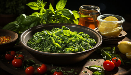 Poster - Fresh, organic vegetable salad on rustic wooden table, healthy eating generated by AI