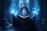 Fototapeta Uliczki - a drawing illustration of a old ice magic wizard man with long grey hair and white beard holding a magical book and using freeze sphere spells. background wallpaper. Generative AI