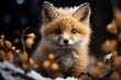 Cute baby fox in snowy forest at winter