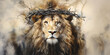 Majestic Lion of Judah, Watercolor Art Depicting Jesus, the Lamb and King of Kings Wearing Crown Of Thorns.  Religion Art.