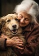 older woman hugging dog eyes closed faces golden color key life friend warm gentle smile compassionate honey colored muddy fur love relevant theme old city long muzzle home touch
