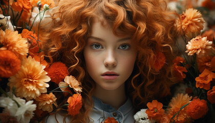 Wall Mural - Young woman with curly hair smiling, looking at camera generated by AI