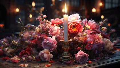 Wall Mural - Romantic candlelight decorates the table with a floral bouquet generated by AI