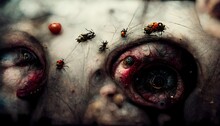 A Large Rotted Watermelon Landscape Meaty Broken Decay Flies Many Loose Eyeballs Spill Out Photorealism Hyper Detailed Fantasy Horror Leica Photography No Text 