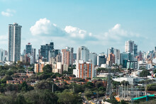 Bucaramanga, Santander, Colombia. February 20, 2023: Panoramic Landscape Of The City Of Bucaramanga And Blue Sky.