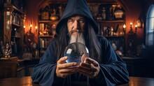 Wizard Looking In Crystal Ball To Predict Future