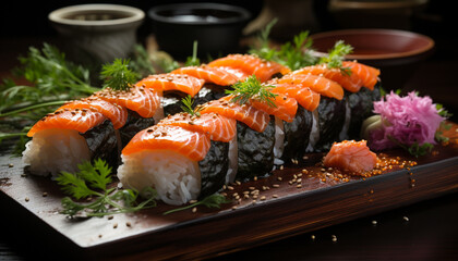 Canvas Print - Freshness on plate seafood, sushi, sashimi, nigiri, maki, fish generated by AI