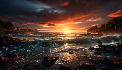 Wall Mural - Majestic sunset over tranquil waters, nature beauty reflected generated by AI