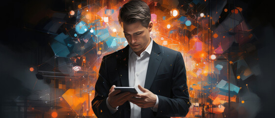 Wall Mural - businessman holding smartphone in technology data background.