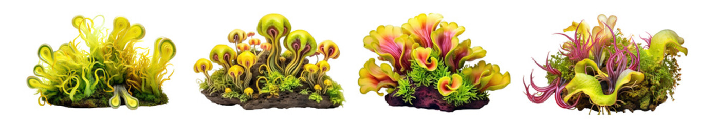 Collection of marine coral reefs of algae and mosses, isolated on a transparent background. PNG, cutout, or clipping path.