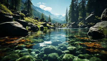 Wall Mural - Majestic mountain peak reflects in tranquil flowing water generated by AI