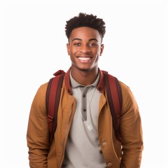 Wall Mural - a closeup photo portrait of a handsome young black african american school boy student smiling and looking straight. used for a ad. isolated on white background. square format. Generative AI