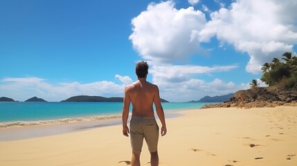 Wall Mural - young man on the beach on vacation generative ai