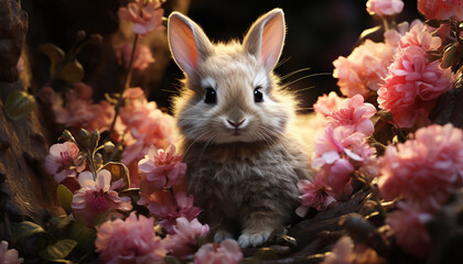 Cute fluffy rabbit sitting in grass, enjoying springtime outdoors generated by AI