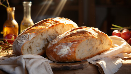 Canvas Print - Freshly baked ciabatta loaf on rustic wooden table generated by AI