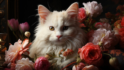 Poster - Cute kitten sitting, looking at camera, surrounded by flowers generated by AI