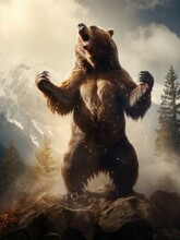 Ferocious Grizzly Bear Standing On His Hind Legs. Generative AI