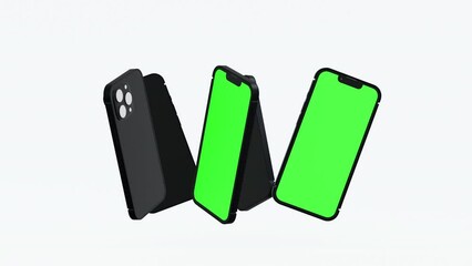 Wall Mural - mobile phone move and show empty green screen, application or website present, 3d rendering 4k
