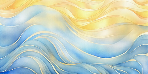 Wall Mural - Ocean blue waves abstract watercolor. Sunny ocean beach seascape with teal and golden yellow background. Colorful sunset, sky, water waves. Wavy texture backdrop for copy space or web, mobile banner.