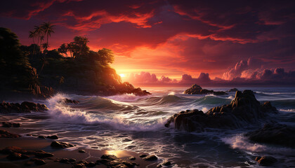 Wall Mural - Sunset over the coastline, waves crash on rocky cliffs generated by AI