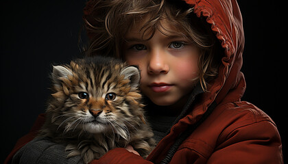 Wall Mural - Cute child with small kitten, looking at camera, smiling generated by AI