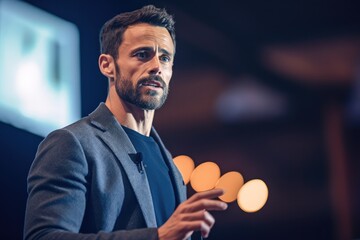 Wall Mural - A handsome man leader delivers a keynote address at a tech business conference, talking about the presents he business big project ,Generative AI.