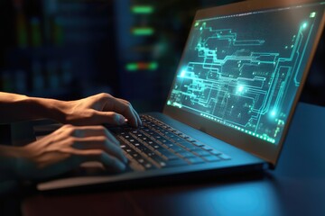 Close up hand programmer working on their professional development types on a laptop computer keyboard. Coding Language User Interface on Screens.Generative AI.
