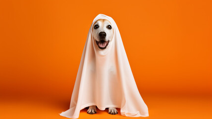 Funny dog wearing cute ghost halloween costume